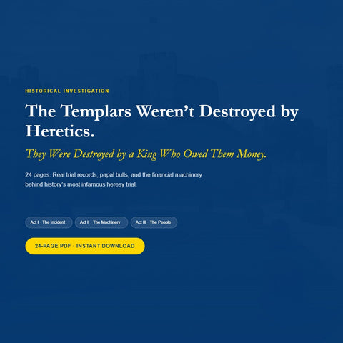 Hero banner for the product 'The Templars Weren't Destroyed by Heretics. They Were Destroyed by a King Who Owed Them Money,' with a 24-page PDF download button and act navigation pills.