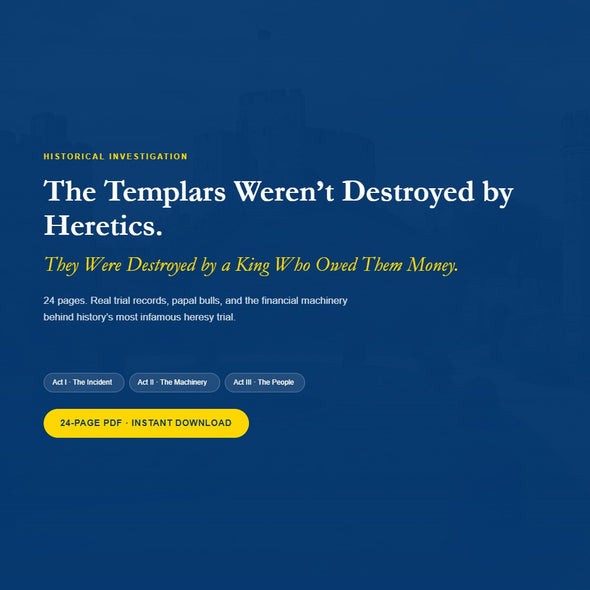 Hero banner for the product 'The Templars Weren't Destroyed by Heretics. They Were Destroyed by a King Who Owed Them Money,' with a 24-page PDF download button and act navigation pills.