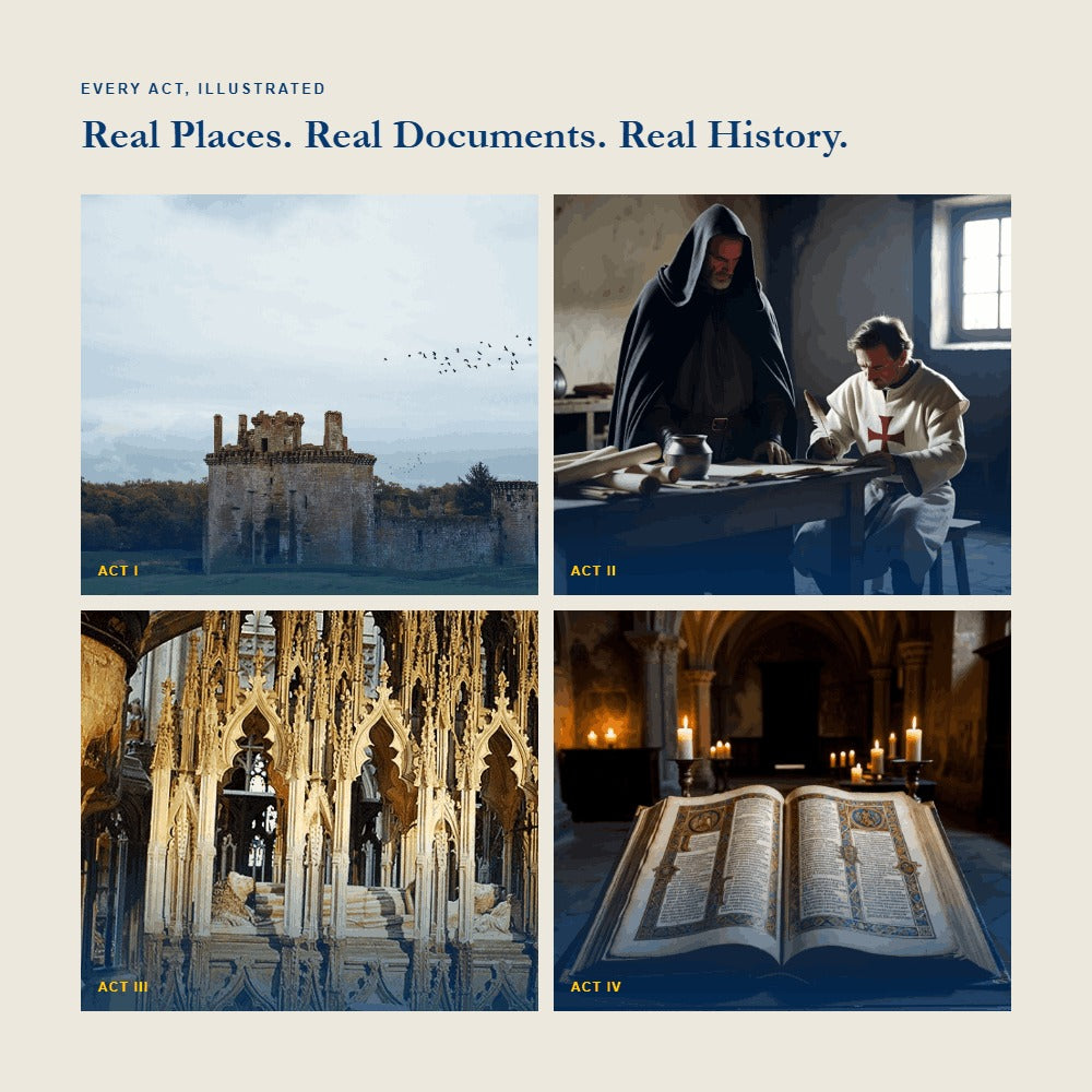 Four-image grid titled 'Real Places, Real Documents, Real History,' showing a ruined castle, a Templar knight writing at a desk, an illuminated gothic chapel, and an open illuminated manuscript by candlelight.