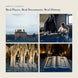 Four-image grid titled 'Real Places, Real Documents, Real History,' showing a ruined castle, a Templar knight writing at a desk, an illuminated gothic chapel, and an open illuminated manuscript by candlelight.