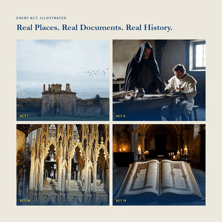 Four-image grid titled 'Real Places, Real Documents, Real History,' showing a ruined castle, a Templar knight writing at a desk, an illuminated gothic chapel, and an open illuminated manuscript by candlelight.