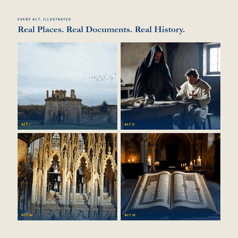 Four-image grid titled 'Real Places, Real Documents, Real History,' showing a ruined castle, a Templar knight writing at a desk, an illuminated gothic chapel, and an open illuminated manuscript by candlelight.