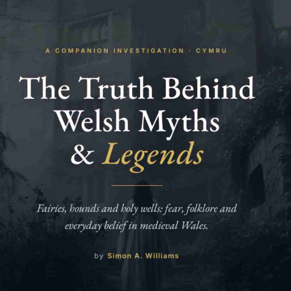 Book cover of 'The Truth Behind Welsh Myths & Legends' with text overlay on a dark background.