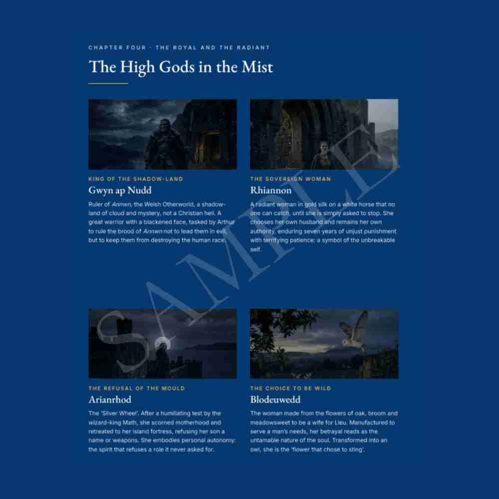 Textual content about 'The High Gods in the Mist' with character descriptions on a blue background