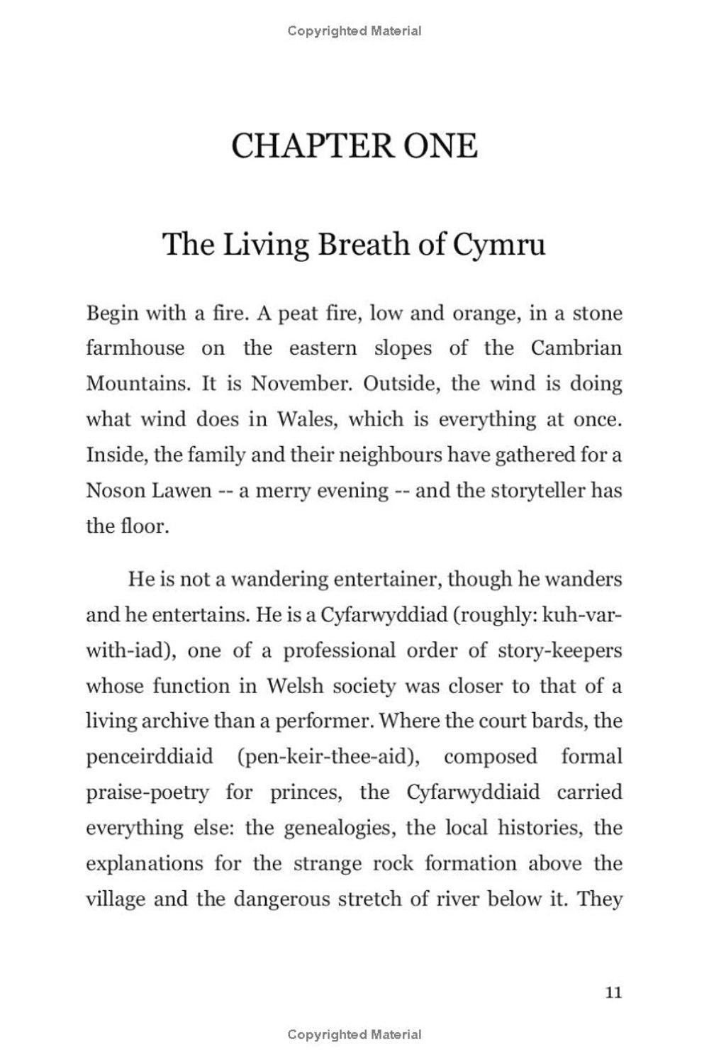 A single printed page with black text on a white page, headed 'CHAPTER ONE' and titled 'The Living Breath of Cymru,' with paragraphs of body text and page number 11 at the bottom.