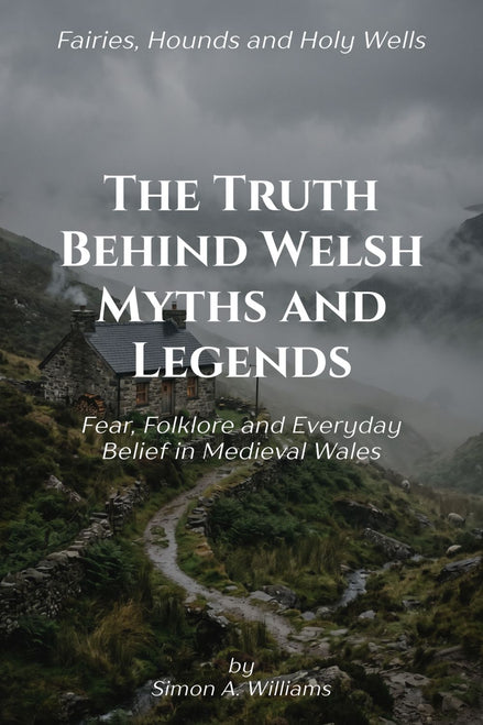 Book cover for 'The Truth Behind Welsh Myths and Legends' by Simon A. Williams, featuring a misty mountain landscape with a stone cottage and path, with white title text overlaid.