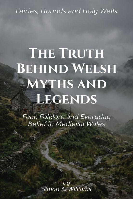Book cover for 'The Truth Behind Welsh Myths and Legends' by Simon A. Williams, featuring a misty mountain landscape with a stone cottage and path, with white title text overlaid.
