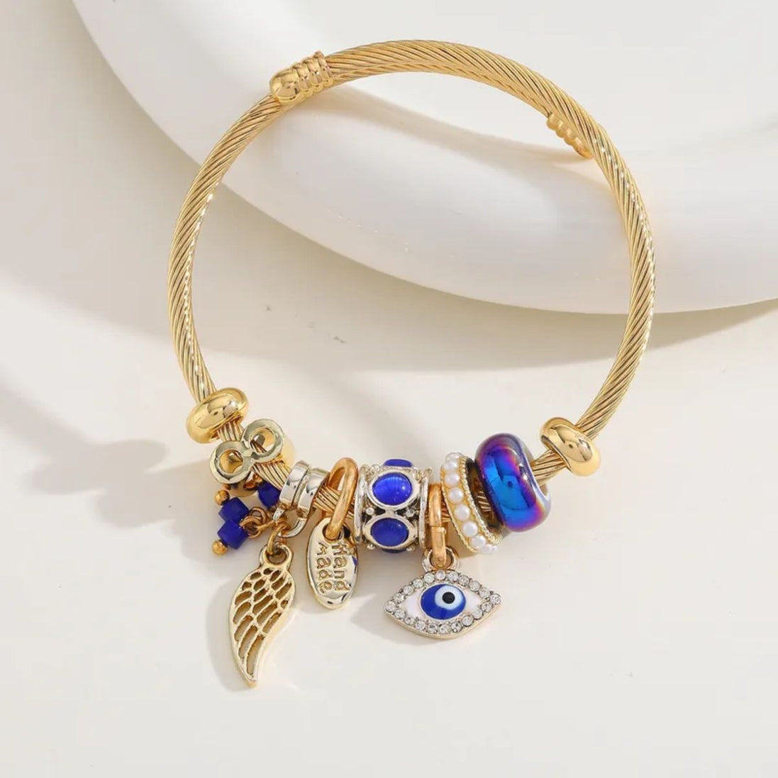 Gold-Tone Evil Eye Charm Bracelet with Blue Beads Bracelet
