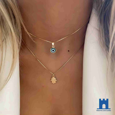 Turkish Evil Eye Hamsa Necklace | Double Layer Lucky Charm Jewellery Gold Jewellery Gold