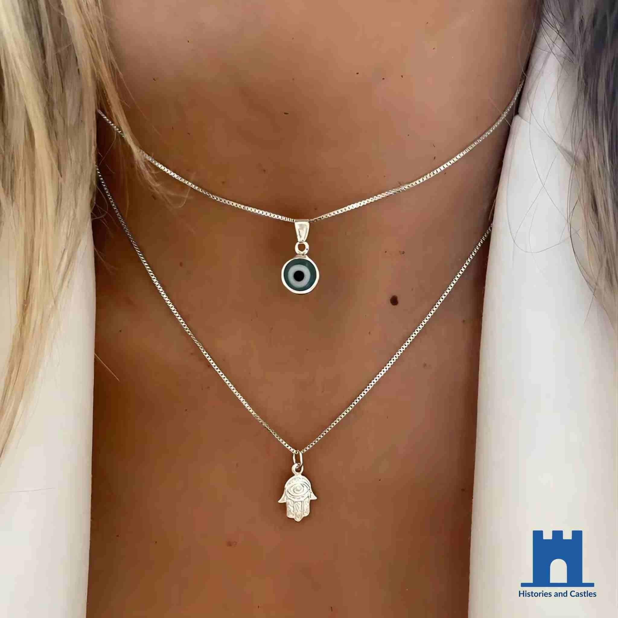 Turkish Evil Eye Hamsa Necklace | Double Layer Lucky Charm Jewellery Silver Jewellery Silver