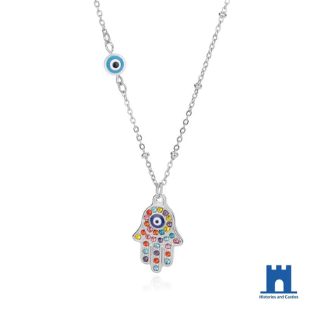Hamsa evil eye necklace in silver tone stainless steel with multicoloured crystal setting and blue Nazar at palm, enamel evil eye bead on 45cm chain