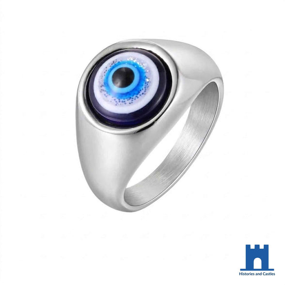Evil eye signet ring in polished silver stainless steel with raised blue and white Nazar set into domed signet face