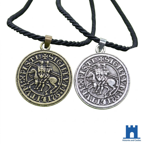 Knights Templar seal pendant in antique bronze showing two knights on horseback with Latin Sigillum Militum Xpisti border, on black braided leather cord