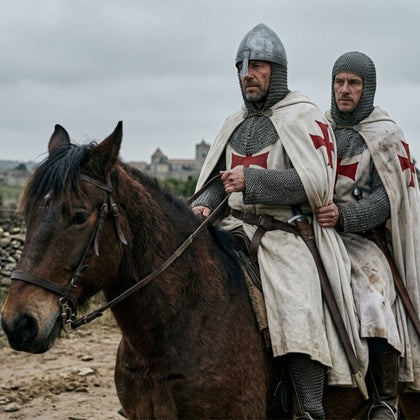 Two medieval knights in chainmail and helmets ride a brown horse under an overcast sky. They wear white surcoats with red crosses, and a castle is visible in the distance.