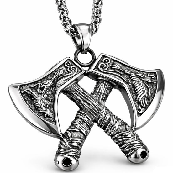 Viking double axe pendant in oxidised 316L stainless steel with Norse engraved crossed bearded axes, wrapped grip handles and dark pommel inlays on polished wheat chain