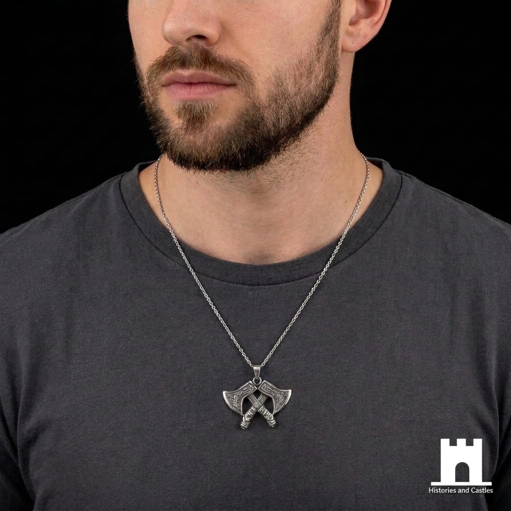 A close-up of a man wearing a silver necklace with a double-headed axe pendant, styled with a dark gray t-shirt against a black background.