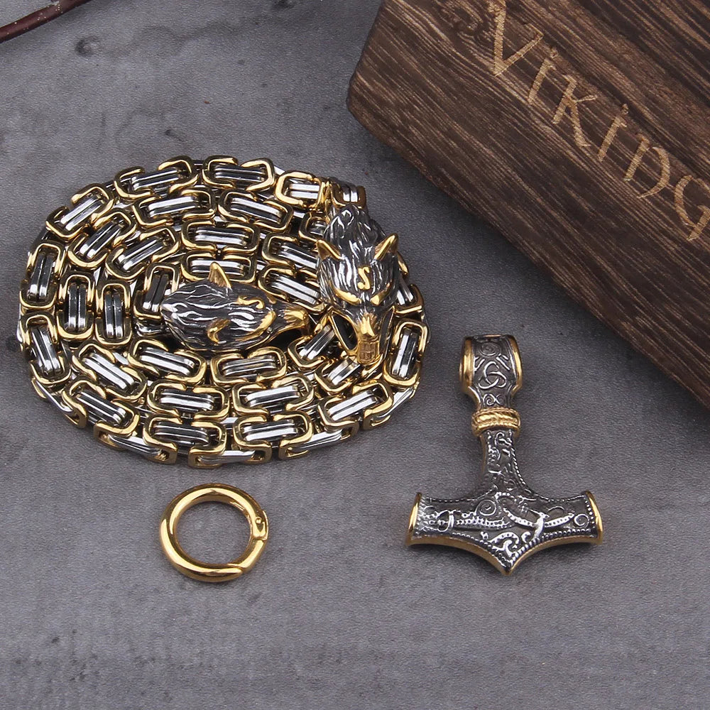 Viking-themed necklace with chain and pendant on a textured surface