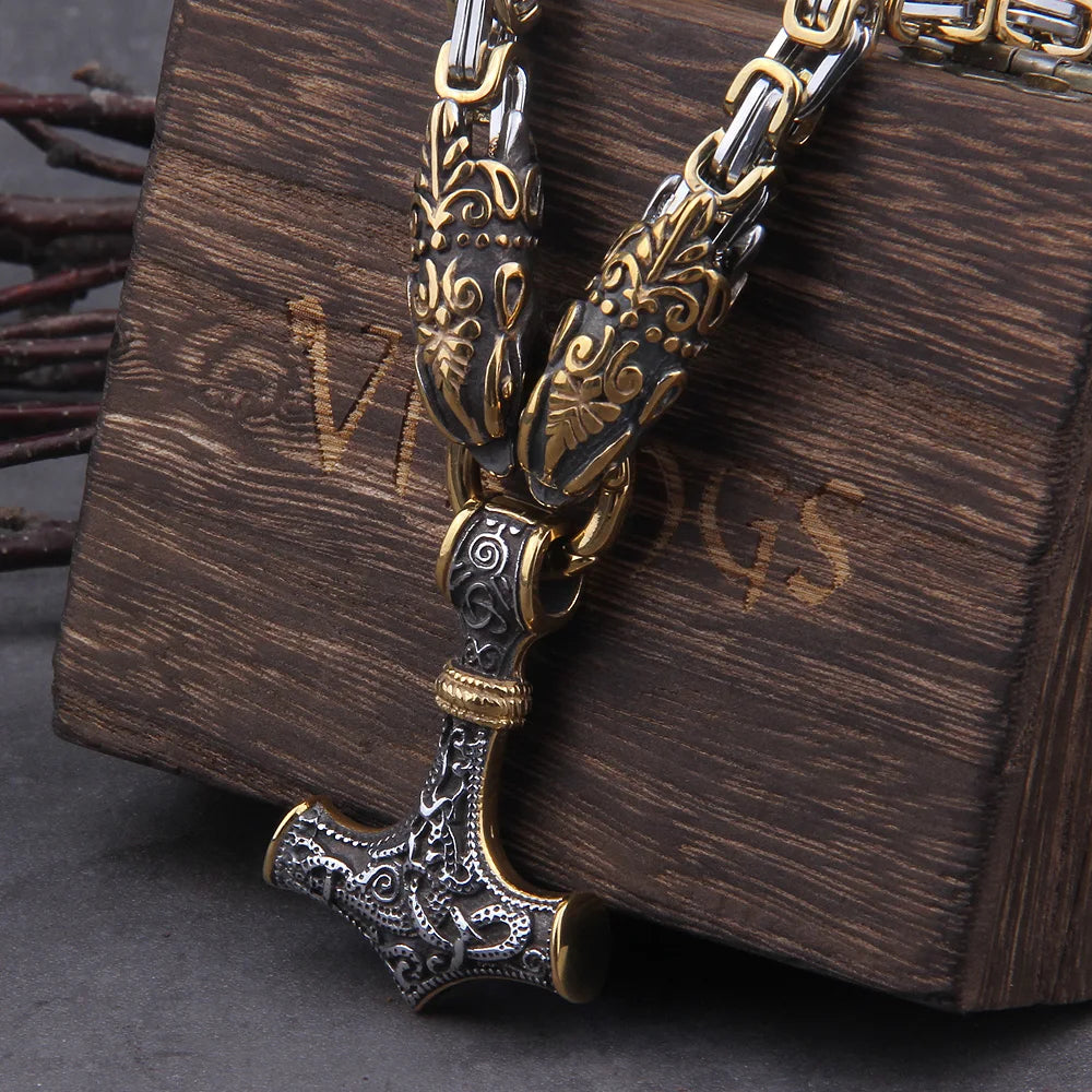 Decorative necklace with intricate design on a wooden block