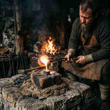  Viking Age smith pouring molten silver from a small clay crucible into the sprue of a fired clay investment mould