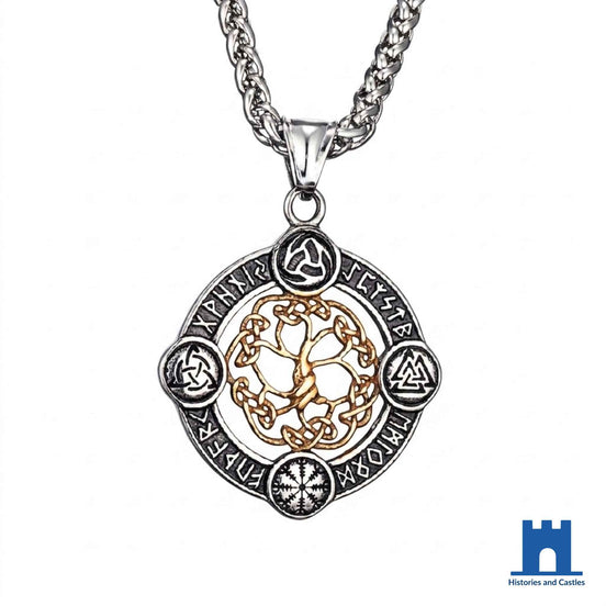 Close-up of Yggdrasil pendant face showing Tree of Life within runic border with Valknut symbol and Triskele in stainless steel