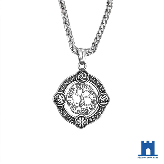 Yggdrasil pendant necklace in silver-tone stainless steel, 34mm circular pendant showing Norse World Tree with runic border, Valknut and Triskele motifs