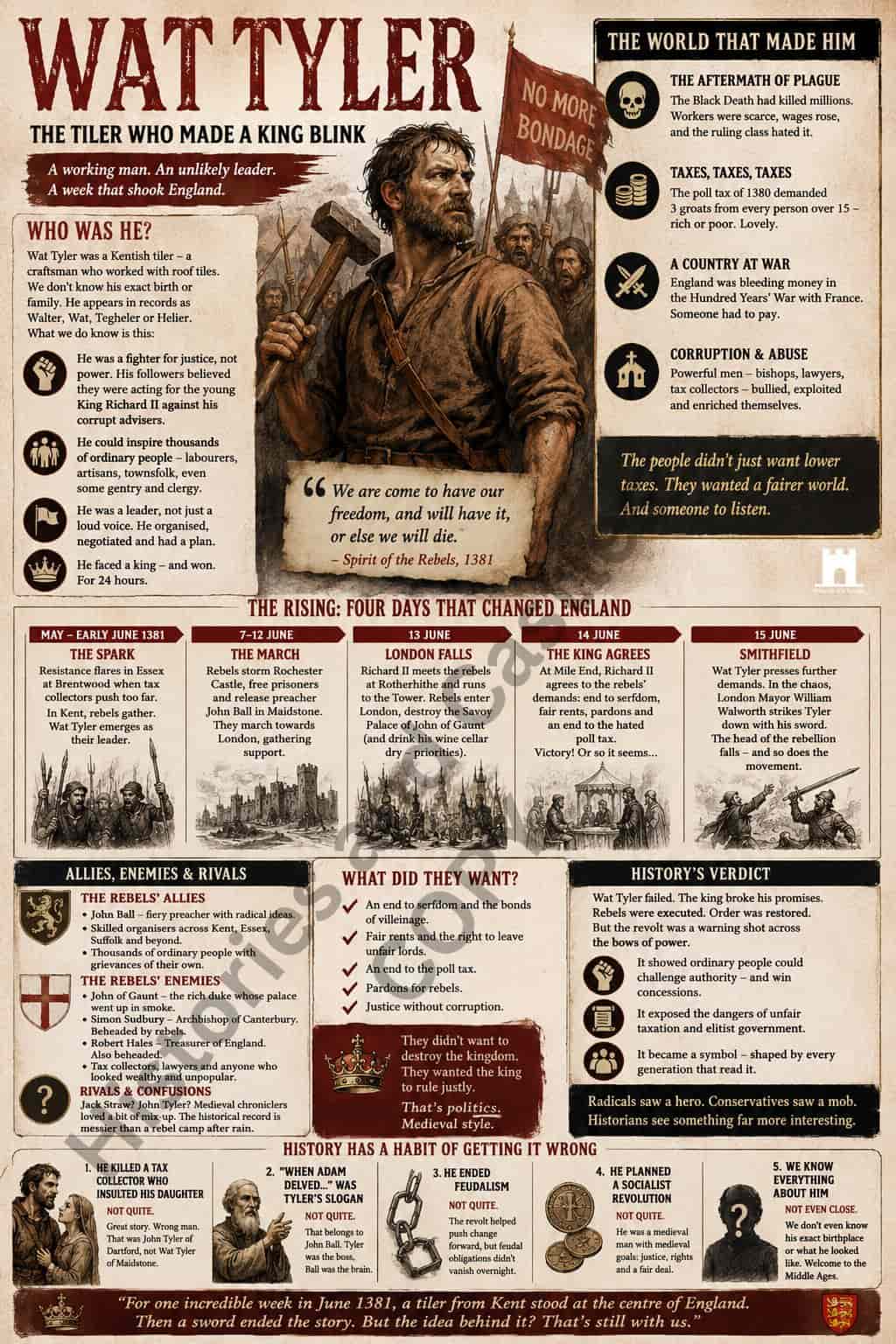 An educational infographic poster titled 'Wat Tyler: The Tiller Who Made a King Blink' featuring historical facts, timelines, illustrations of Wat Tyler, and maps on a vintage parchment-style background.
