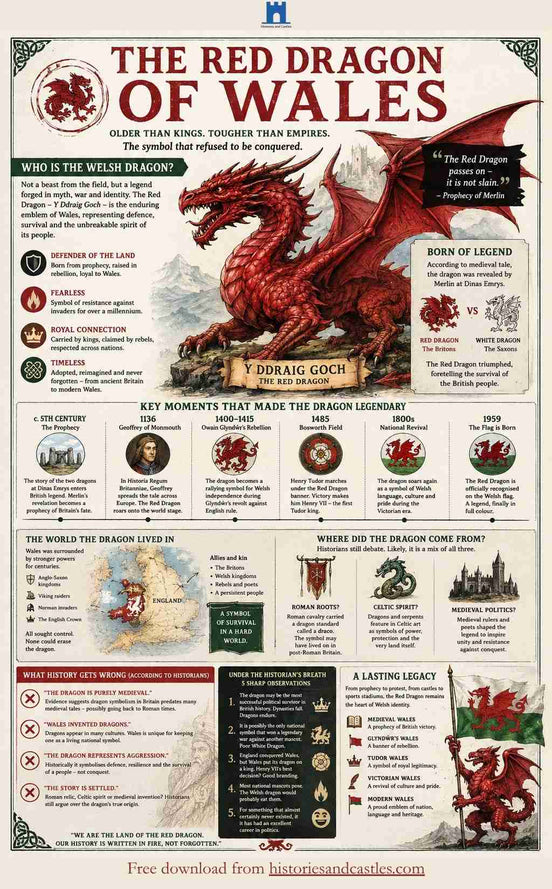Infographic about the Red Dragon of Wales with historical information and graphics.