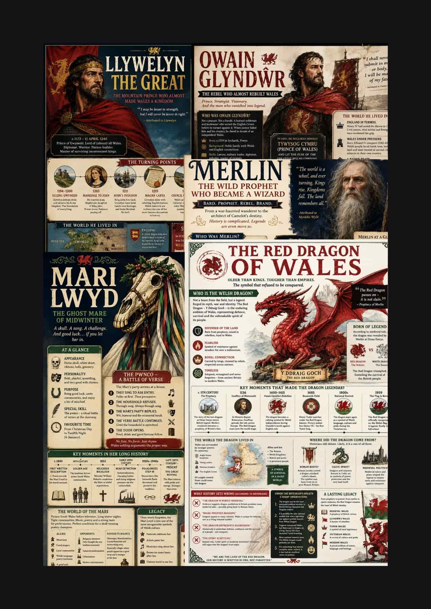 A collage-style poster or infographic featuring Welsh mythology and legend subjects, including Llywelyn the Great, Owein Glyndwr, Merlin, and The Red Dragon of Wales, arranged in a grid with text blocks, portraits, and illustrations on a dark background.