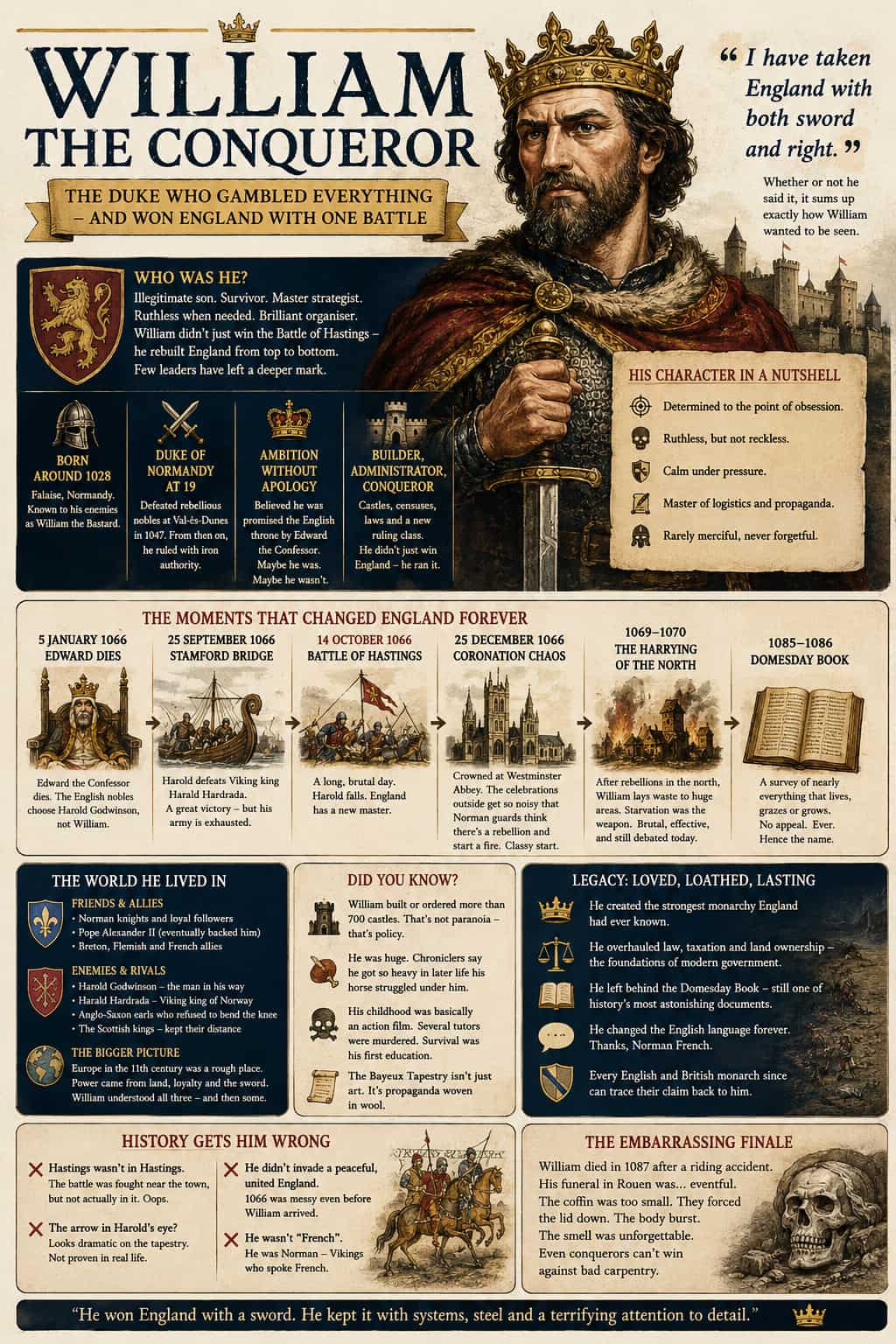 An educational infographic poster titled 'William the Conqueror' featuring a detailed illustration of the king holding a sword, surrounded by historical facts, timelines, and quotes on a beige and dark blue background.