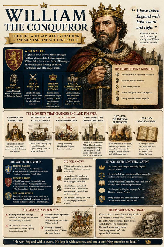 An educational infographic poster titled 'William the Conqueror' featuring a detailed illustration of the king holding a sword, surrounded by historical facts, timelines, and quotes on a beige and dark blue background.