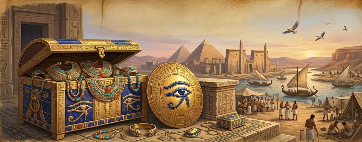 Decorative scene with Egyptian-themed items including a chest, eye of Horus symbol, and pyramids in the background.