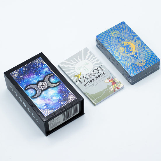 Moon Face Tarot Deck – Blue Foil Card Set with Guidebook & Gift Box Tarot Cards