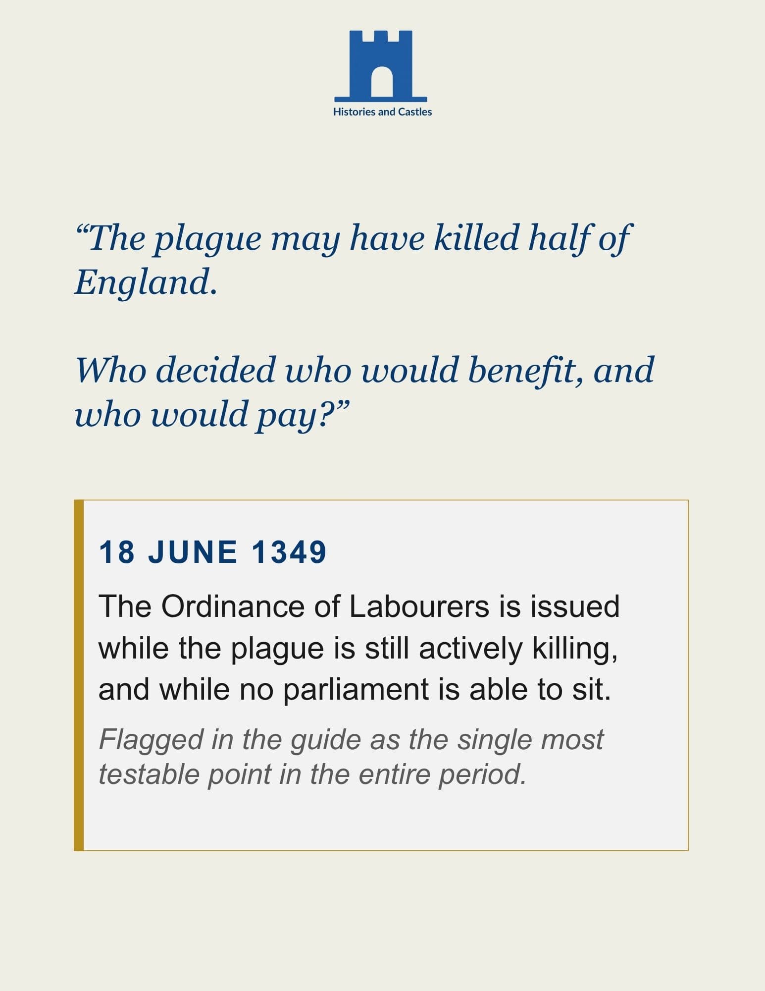 A digital page from a history guide titled 'Histories and Guides' featuring a quote about the plague in England and a boxed historical entry dated 18 June 1349, set on a light beige background.