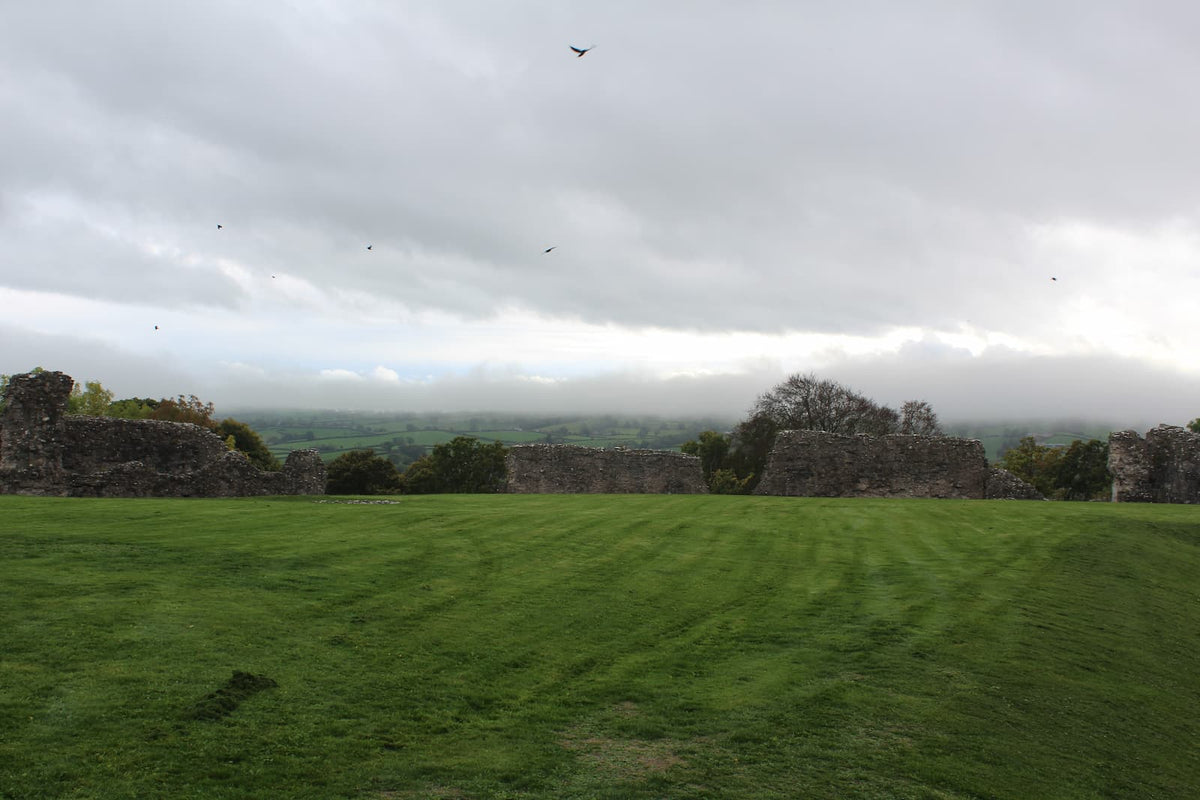 Grassy inner ward of Denbigh Castle looking out over its low walls to the misty Vale of Clwyd, October 2026