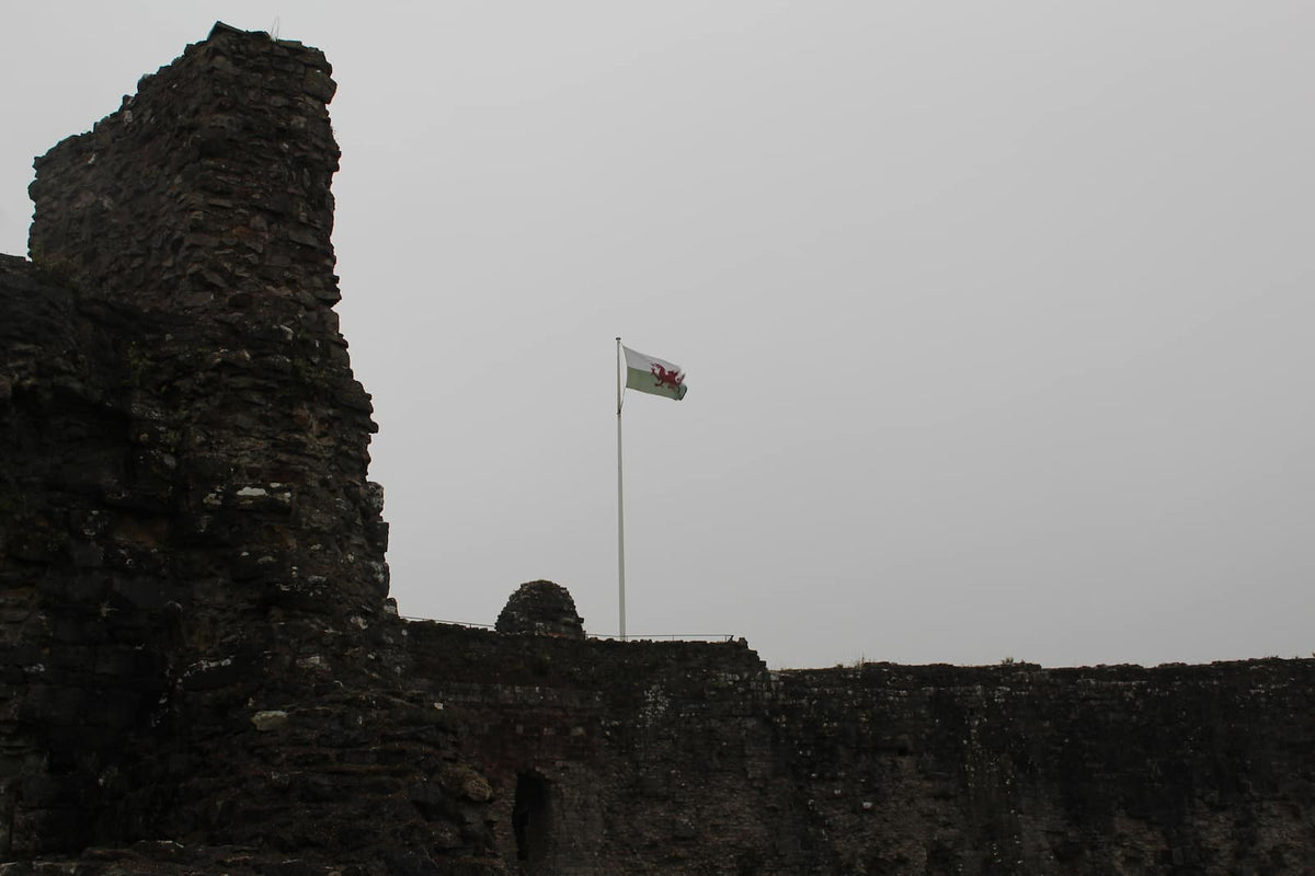 Ruined tower of Denbigh Castle with the Welsh flag flying above the walls on a misty day, October 2026