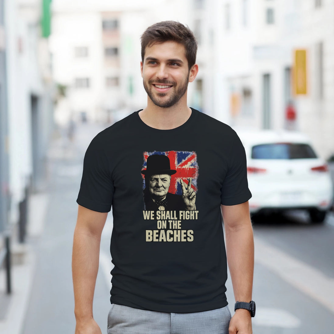 Winston Churchill T-Shirt – We Shall Fight on the Beaches Print Material