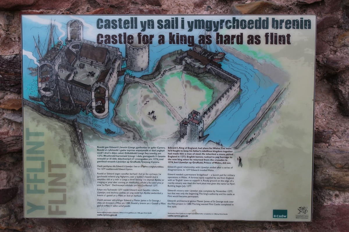 Cadw information panel at Flint Castle, headed Castle for a king as hard as flint, with an illustrated reconstruction of the medieval castle, October 2026