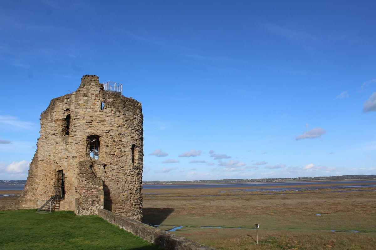The north-east tower of Flint Castle above the salt marsh of the Dee Estuary, October 2026