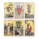 Six classic Rider-Waite fortune telling cards tarot cards arranged in a 2x3 grid on a white background, featuring The Fool, Page of Pentacles, The Hanged Man, The Chariot, The Magician, and The Devil.