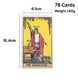 A fortune telling tarot card set shown on a white background with dimension labels and weight text. The main visible product is a single card reading 