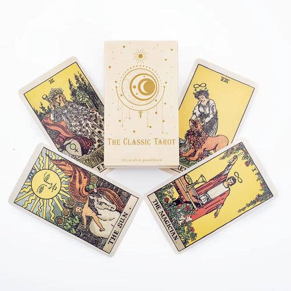 Set of tarot fortune telling cards with decorative designs on a white background