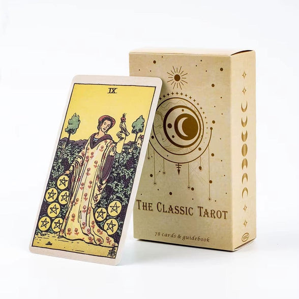 fortune telling tarot card and packaging with 'The Classic Tarot' text on a white background