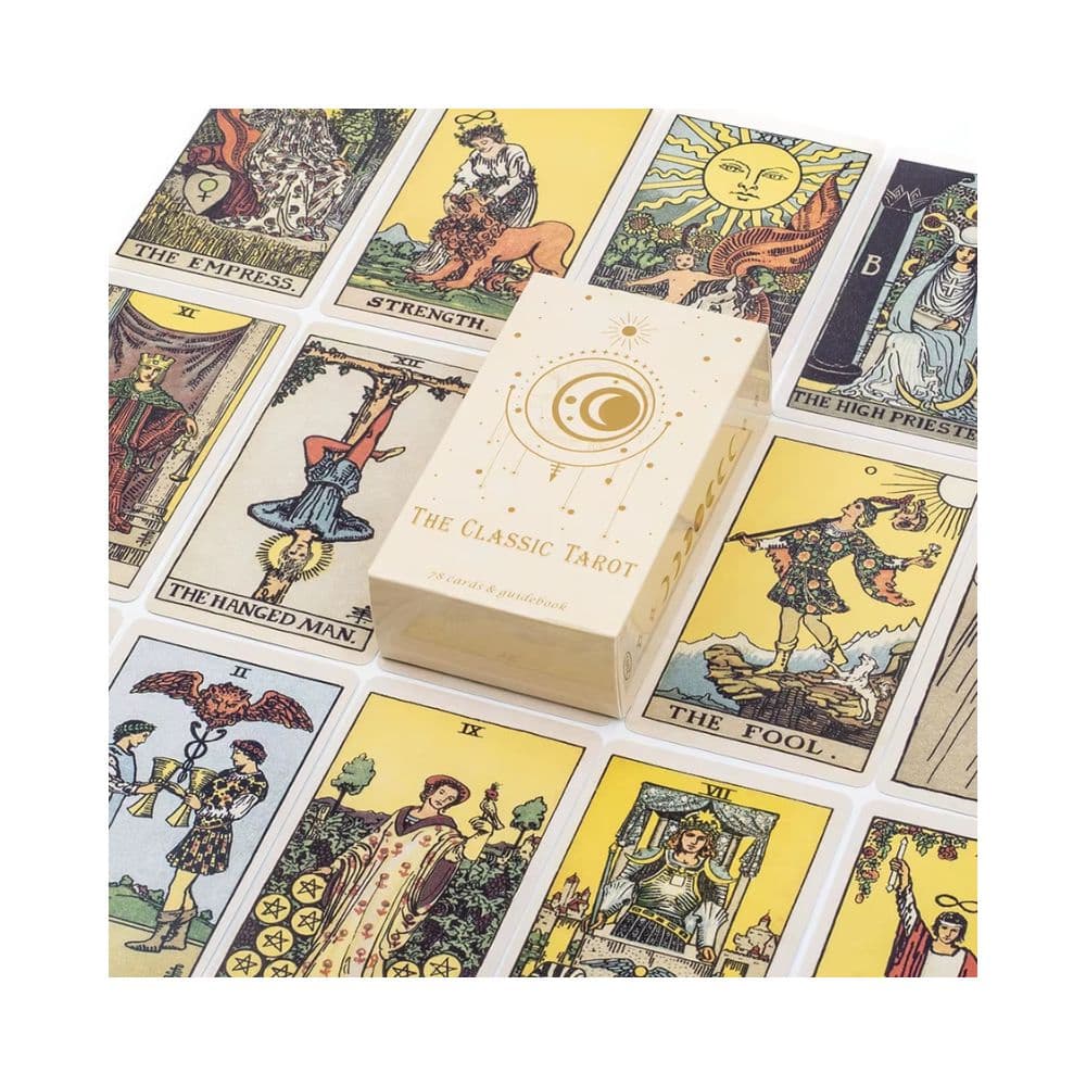 A deck of classic fortune telling tarot cards with its cream-colored box in the center, surrounded by several illustrated cards on a white background.