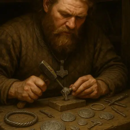 Realistic oil painting of a bearded Viking craftsman working intently at a wooden workbench, holding a hammer and chisel to shape a metal jewellery piece, surrounded by various Viking brooches, arm rings, and tools illuminated in warm workshop light.