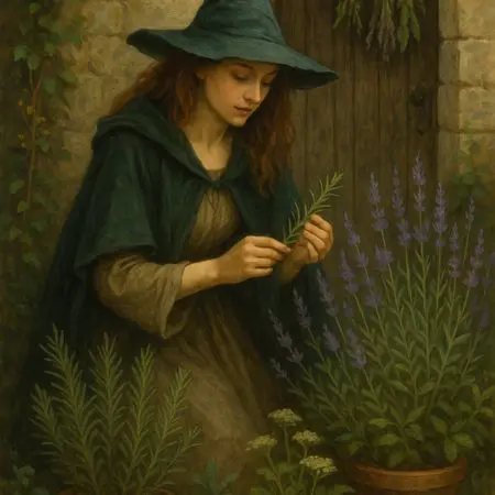 A woman in a green cloak and wide-brimmed hat, embodying green witchcraft, sits by a stone doorway, gently examining sprigs of lavender from a potted plant, surrounded by lush greenery and purple flowers.