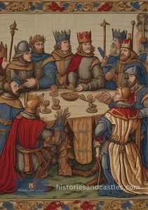 image on a tapestry of lords at a table