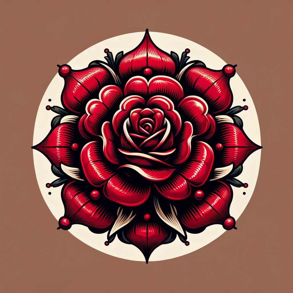 Illustrate a vibrant red Tudor Rose, symbolising the Tudor monarchy's strength and unity