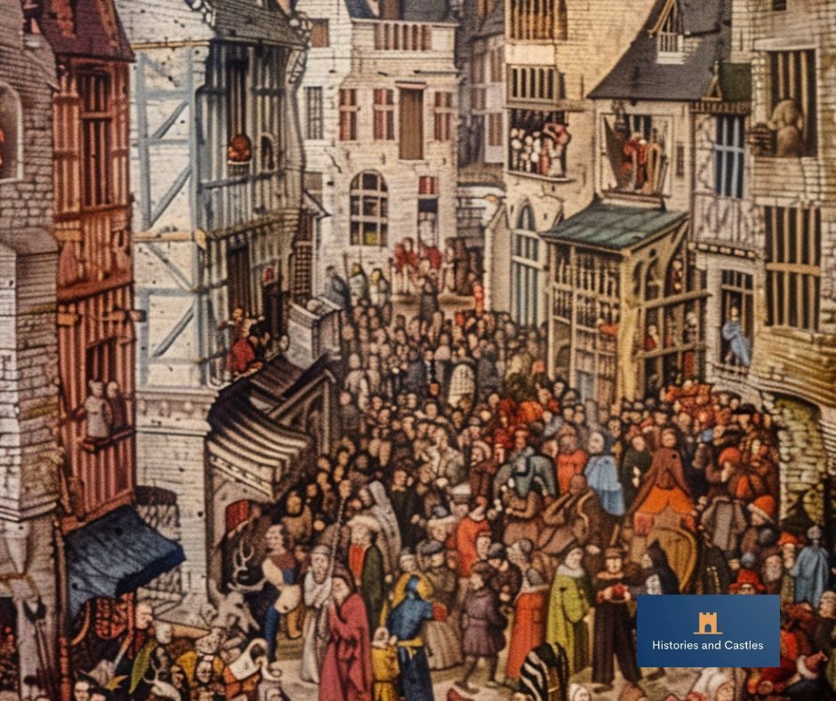 crowded scenes in a medieval town