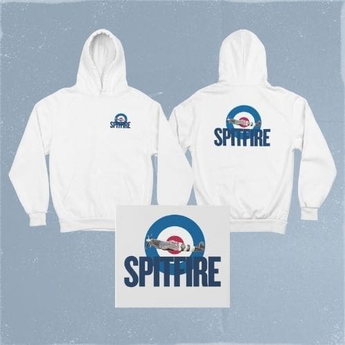 The Spitfire Hoodie features a white design with a roundel and SPITFIRE text on the front, while the back displays a Spitfire plane above the same roundel and text. An enlarged version of this artwork is shown below the hoodies.