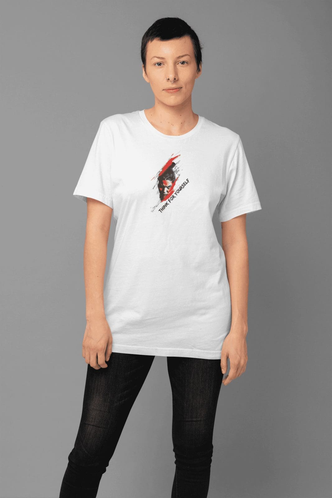 Featuring a bold graphic of a powerful face surrounded by dynamic red and black brushstrokes